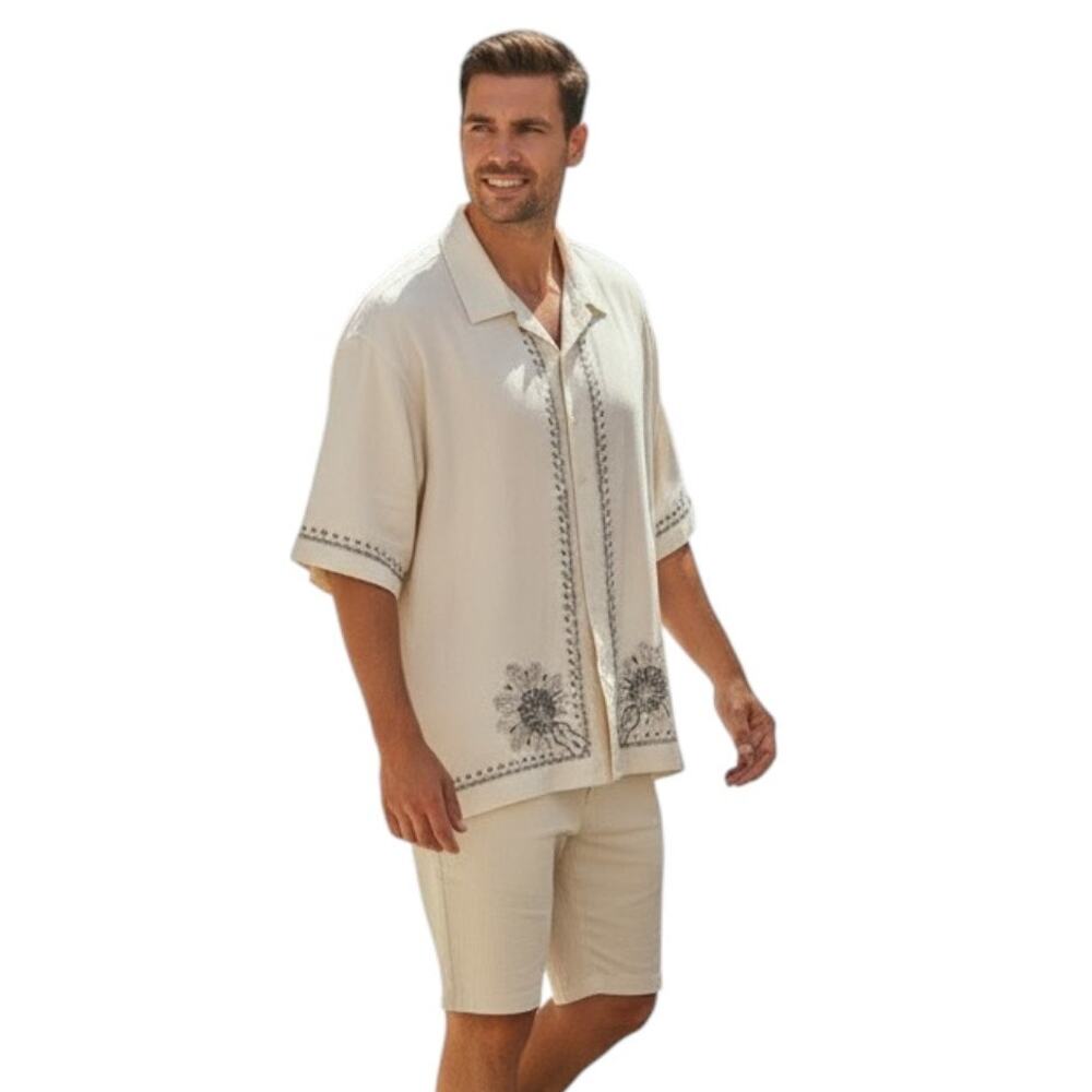 Paradise by Axis Men's Silk Shirt, Button Up, Short Sleeves, Beige Black Size 2X